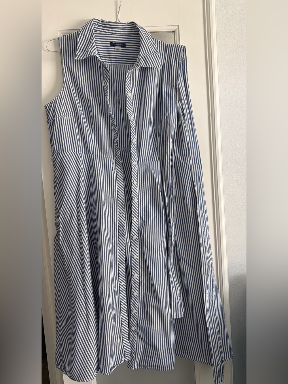 Tommy Hilfiger Blue and White Striped Sleeveless Midi Shirt Dress